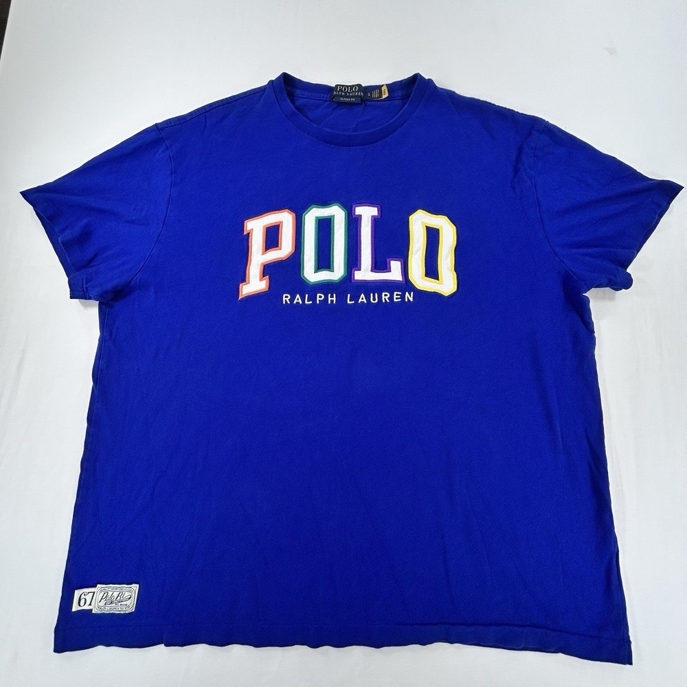 Polo Ralph Lauren Mens L Blue Multi Color Spellout Logo T-Shirt RARE Preppy